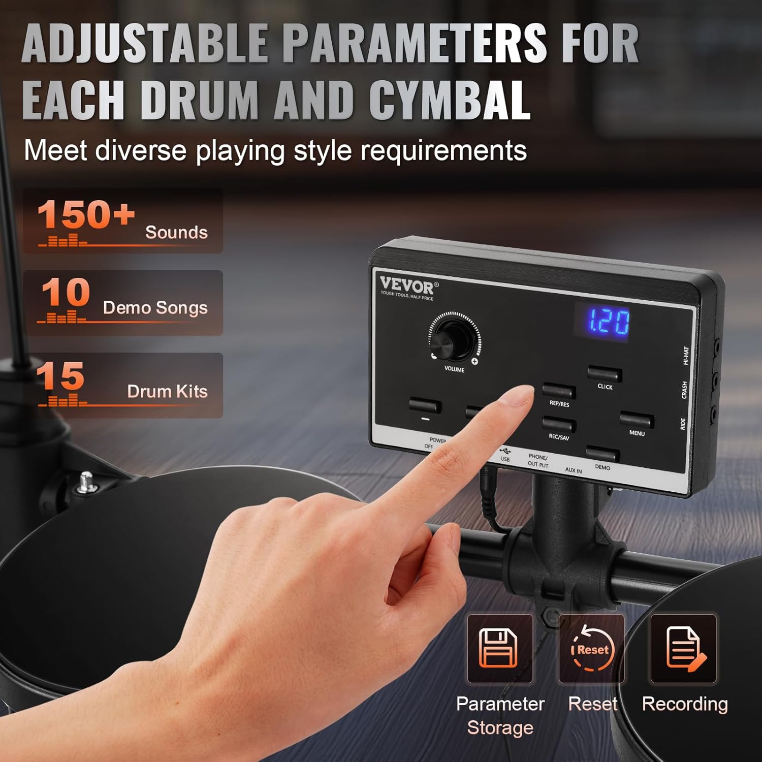 VEVOR Electric Drum Set, 15 Drum Kits & 150 Sounds Electronic Drum Kit, USB MIDI Supported 6.5 in Quiet Mesh Snare Electric Drum Set with 10 in Cymbals Drum Sticks & Headphone, for Beginners & Adults