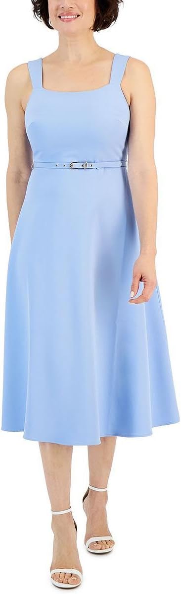 Anne Klein Womens Scooped Neck a Line Midi Dress W/Belt