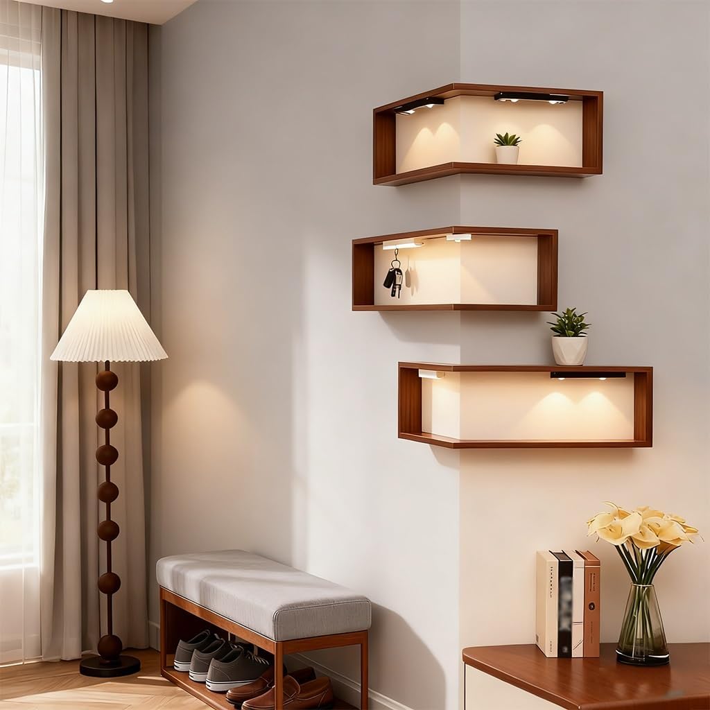 Smart Corner Shelves That Light up Your Space, Illuminated Corner Shelf, Wooden Wall-Mounted Display, Space-Saving，Floating Storage Shelves, for Figurines and Collectibles(3pc-(with Light*6))