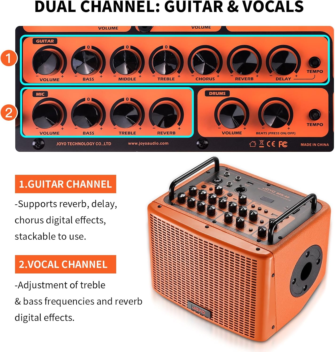 JOYO 40W Acoustic Amplifier Rechargeable Bluetooth Combo Guitar Amp 20 Drum Patterns Reverb Chorus Delay Mic Channel for Live Streaming Outdoor Stage (BSK-40 Orange)