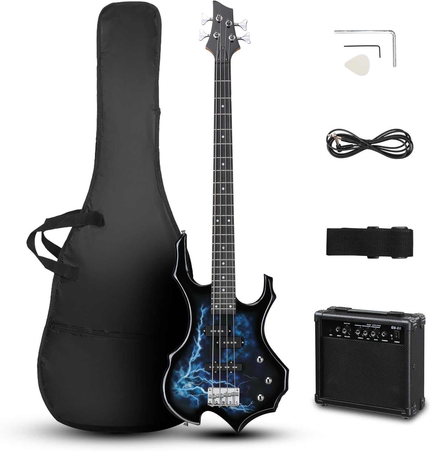 Ktaxon Electric Bass Guitar Full Size Flame Design Bass Set with 20 Watt Amplifier, Portable Bass Bag, Superior Amp Wire, Adjustable Guitar Strap, Plectrum, Wrench Tool(Lightning)