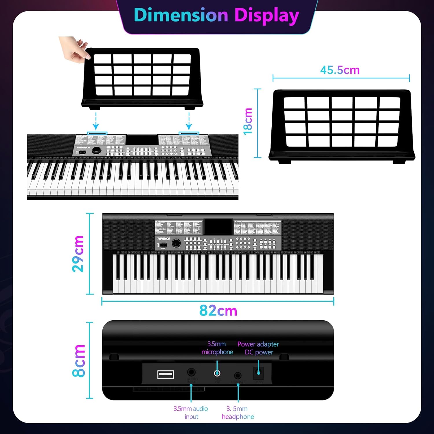 TERENCE Keyboard Piano 61 Keys Dual HiFi Speakers Digital Piano with 51 Panel Function Buttons LED Display Dual Keyboard 2 Power Options Electric Piano Support for Headset and Microphone