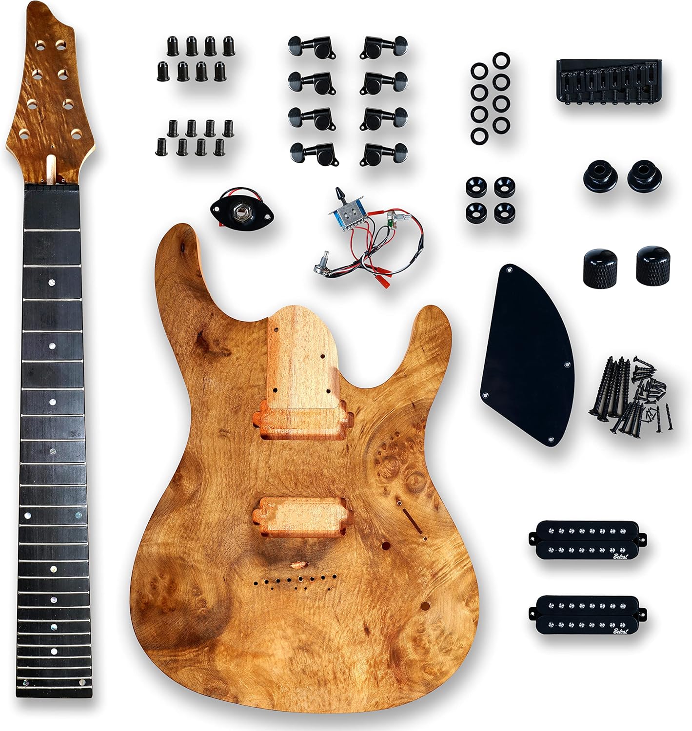 BexGears DIY 8 String Electric Guitar Kits Burl poplar veener top okoume Body maple neck & composite ebony fingerboard You Build The Guitar