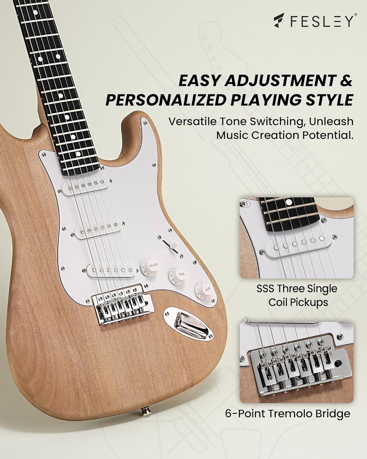Fesley DIY Electric Guitar Kit with Mahogany Body/Maple Neck,6 Strings Electric Guitars,DIY Guitar Kit with Purpleheart Fretboard,SSS Pickups,ST Style Beginner Guitars, Build Your Own Guitar Kit