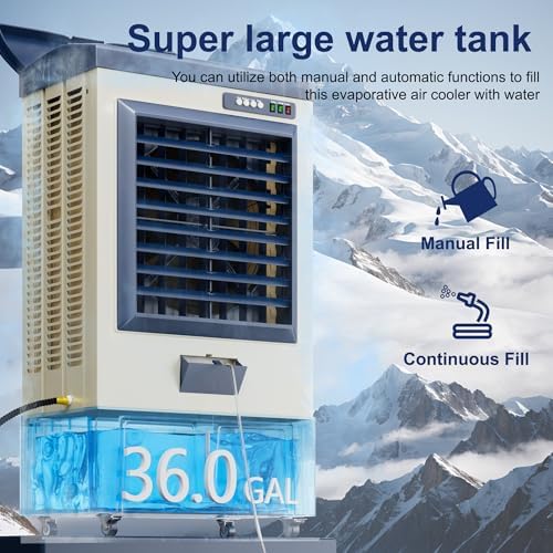 Swamp Cooler,8829 CFM Evaporative Air Cooler,36 Gal Water Tank Outdoor Air Conditioner,3 Speed,Suitable for Indoor & Outdoor Garage,Patio,courtyard,factory workshop,55inch,Blue
