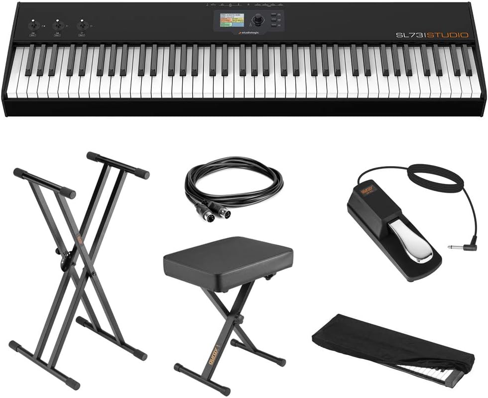 StudioLogic SL73 Studio 73 Key USB/MIDI Keyboard Controller Bundle with Keyboard Stand, Piano Bench, Sustain Pedal, MIDI Cable & Dust Cover