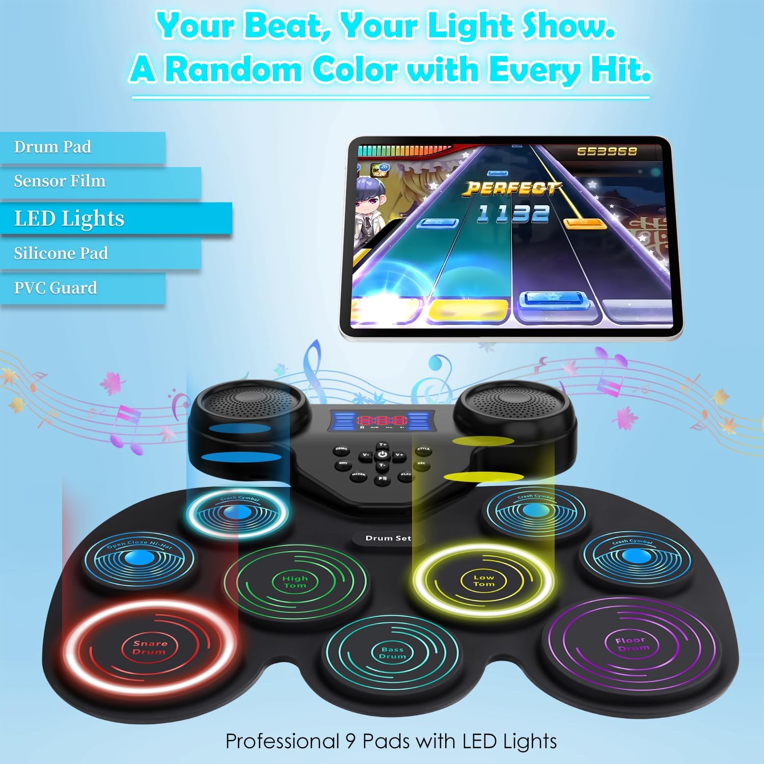 Electric Drum Set with 7-Color Dynamic LED Lights, 9-Pad Electronic Drum Set with Dual Speakers, Bluetooth MIDI, Portable Practice Drum Pad for Kids & Adult Beginners, Christmas Birthday Gift