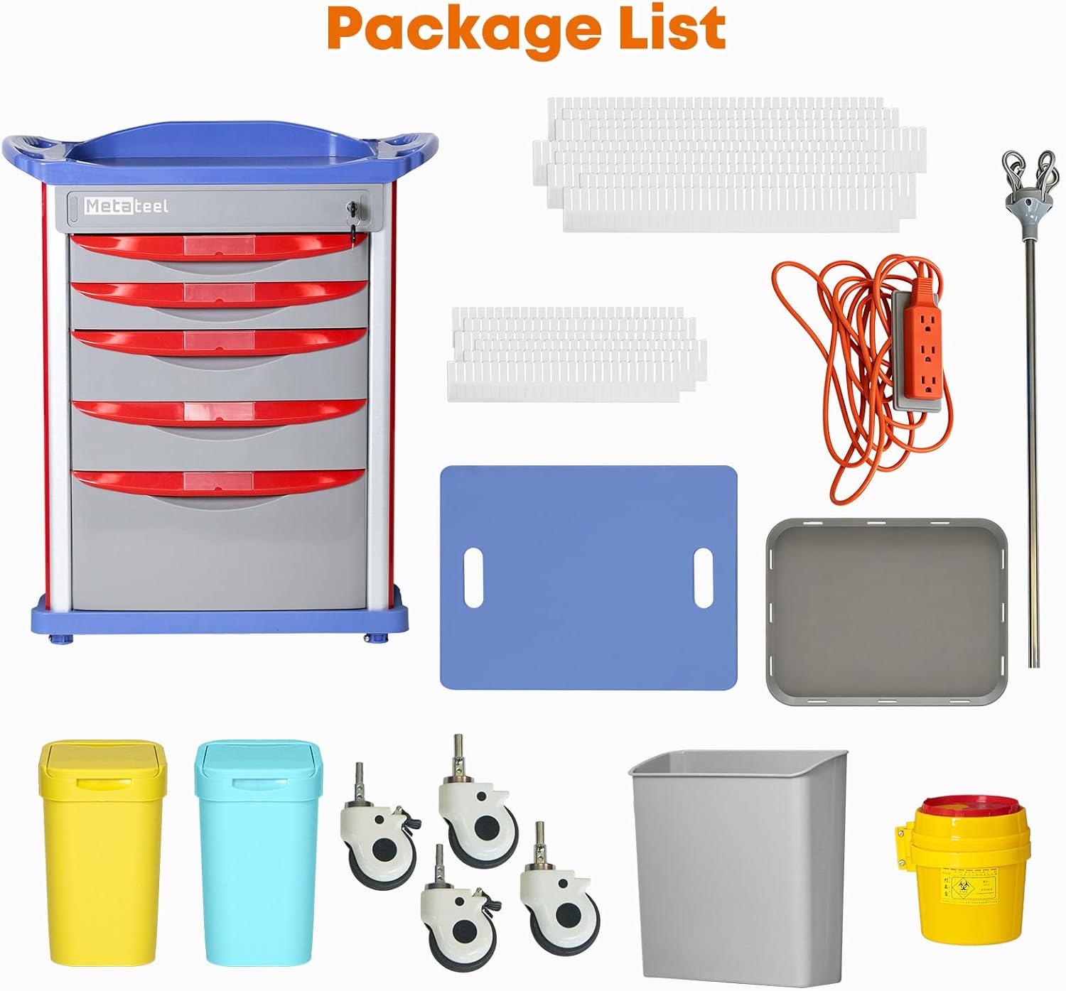 Medical Crash Cart with Emergency Accessory - Cardiac Board, IV Pole, O2 Holder, Power Strip, Trash Bin, Drawers with Dividers, Lite Emergency Hospital Crash Cart for Hospitals and Clinics