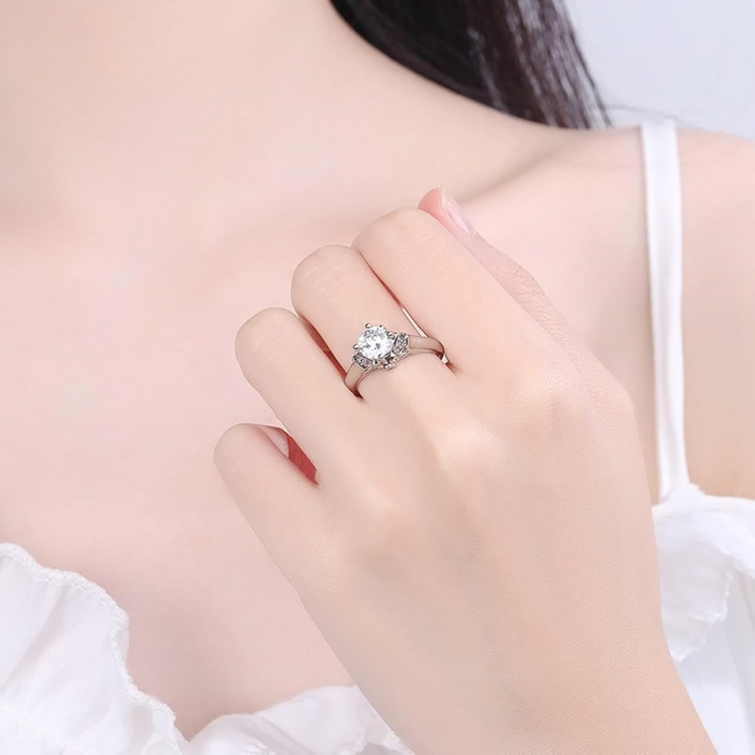 18 Karat White Gold Rings, Women's Engagement Ring Lab Diamond 4 Prongs Silver Band with Ruby for Fiancée