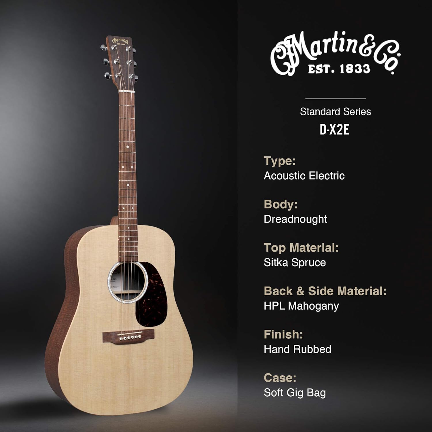 Martin Guitar X Series D-X2E Acoustic-Electric Guitar with Gig Bag, Sitka Spruce and KOA Pattern High-Pressure Laminate, D-14 Fret, Performing Artist Neck Shape HPL Mahogany Back/Side