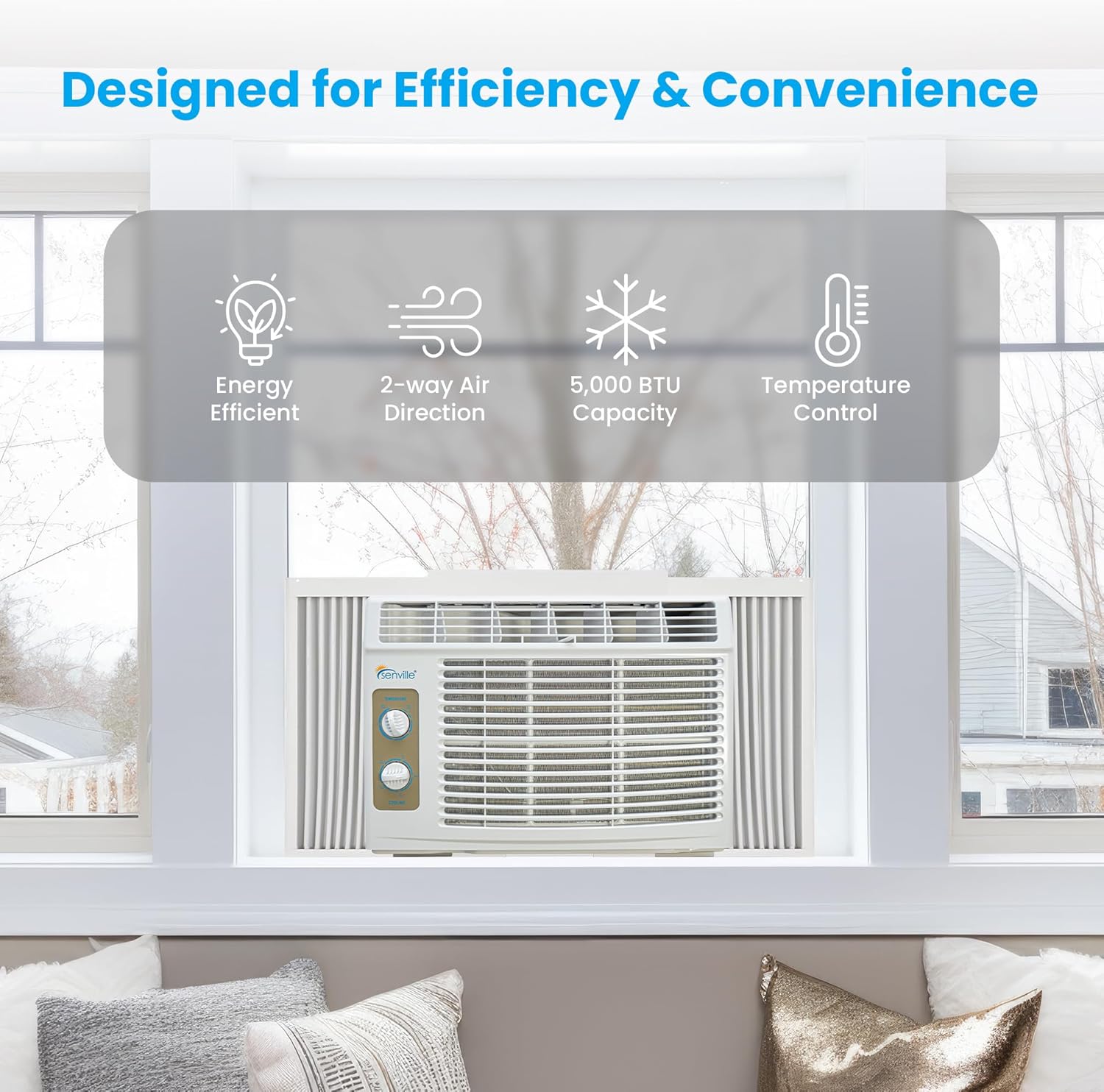Senville 5,000 BTU Window Air Conditioner, Cools Up to 150 Sq. Ft., Easy to Use Mechanical Control, Washable Filter