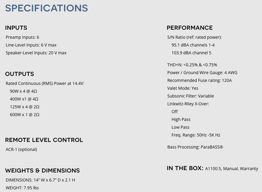 AudioControl A1100.5 Altitude 1100 Watt RMS 5-Channel Car Audio Amplifier, Class D, Valet Mode, ParaBASS, High/Low Level Inputs, Crossover, Subsonic Filter, EV Compliant