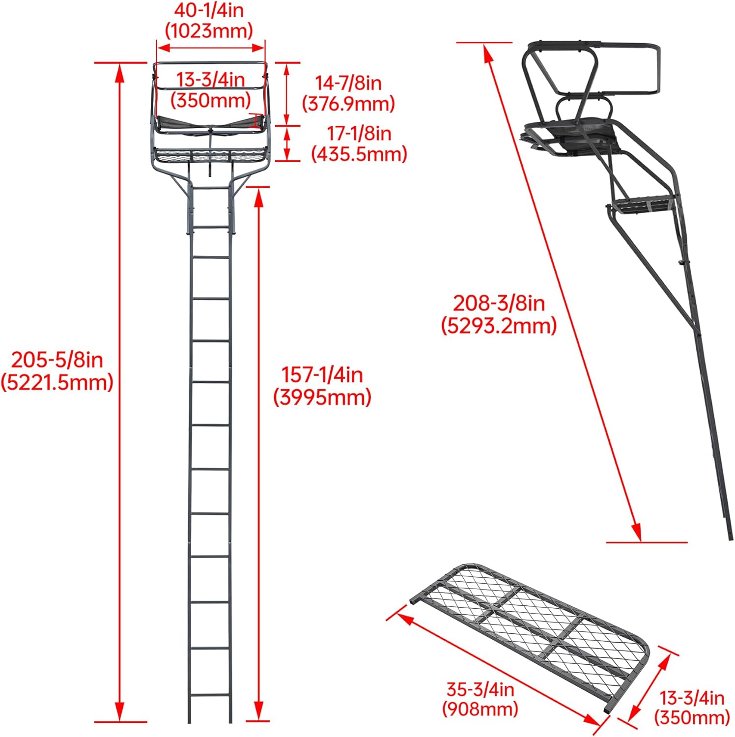 KUAFU 18' 2-Man Ladder Tree Stand Climbing Tree Stand for Deer Hunting Elevated Climbing Seat Hunting Gear Equipment Accessories, 500 lb Weight Capacity