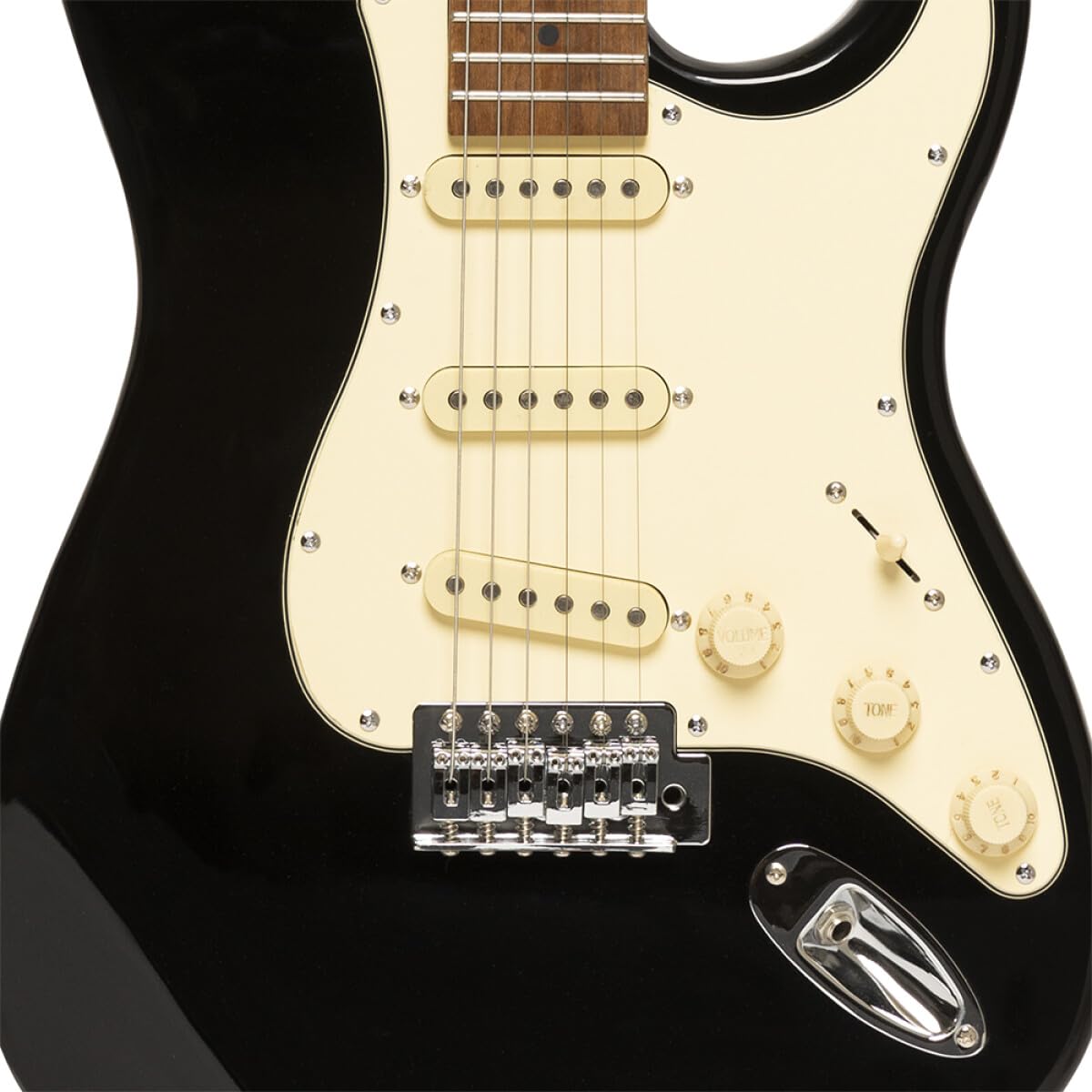 Stagg SES-55 BLK Series 55 Electric Guitar with Solid Paulownia Body l Tempered Maple Neck l 22 Fret Maple Fingerboard l Aged White 3-Ply Pickguard l Brilliant Black Finish