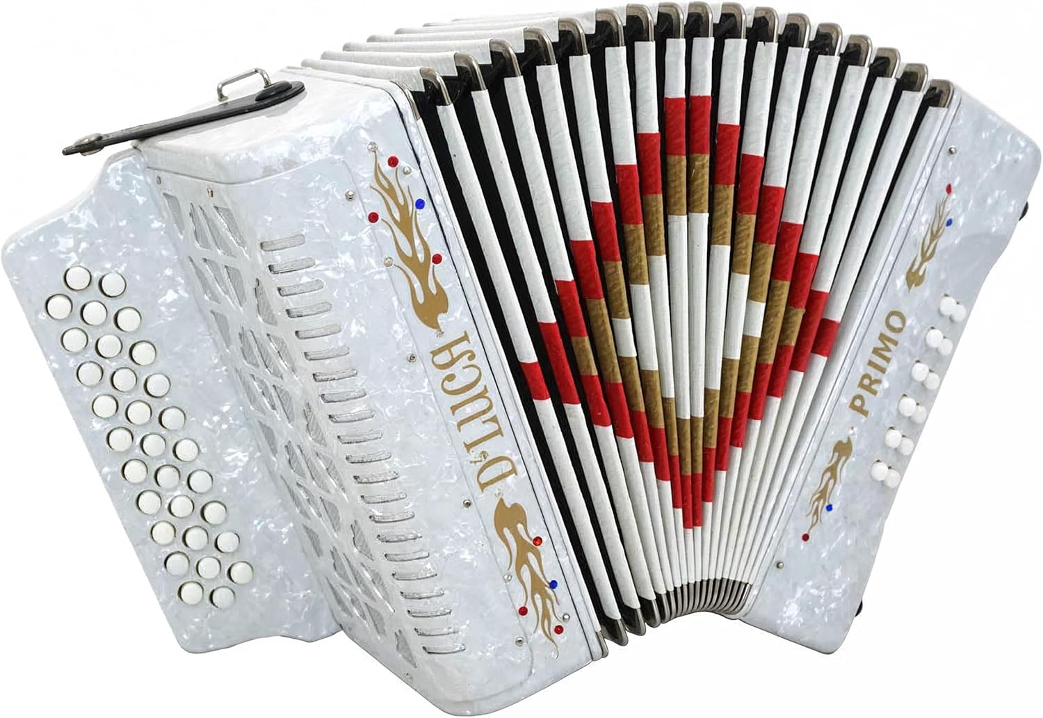 D'Luca Primo Button Accordion 31 Keys 12 Bass on FBE Key with Case and Straps, White