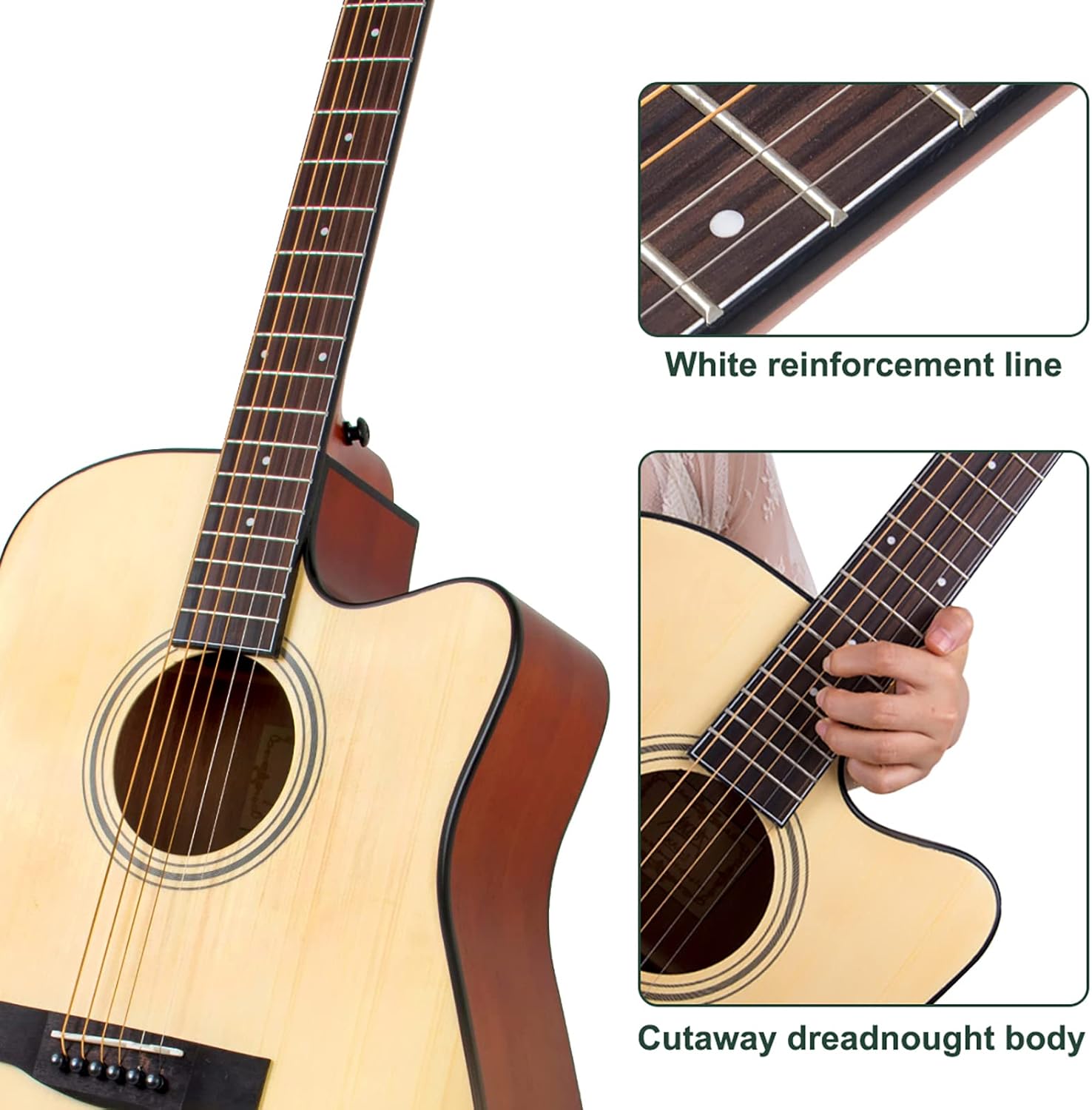 AKLOT Acoustic Guitar for Beginners Full Size 4/4 Folk Guitars Cutaway Acoustique Guitare Starter Kit (Spruce Wood W/Bag)