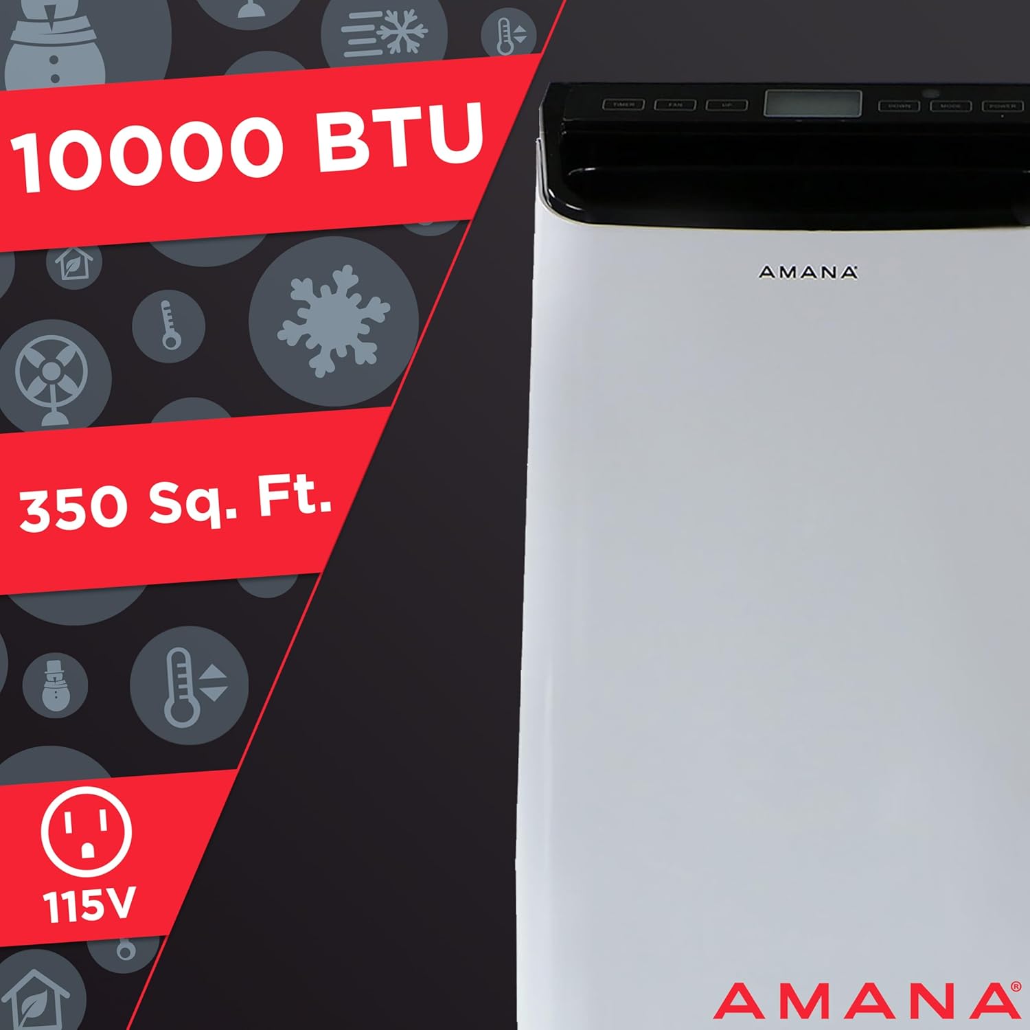 Amana 10,000 BTU Portable Air Conditioner for Living Room, Bedroom, Basement, Kitchen, 115V, Cools up to 350 Sq.Ft. with Remote, 24H Timer, 3-Speed, LCD Display, Auto-Restart, Wheels, White/Black