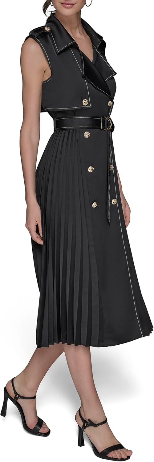 Karl Lagerfeld Womens Belted Sleeveless Satin Back Crepe Midi Dress