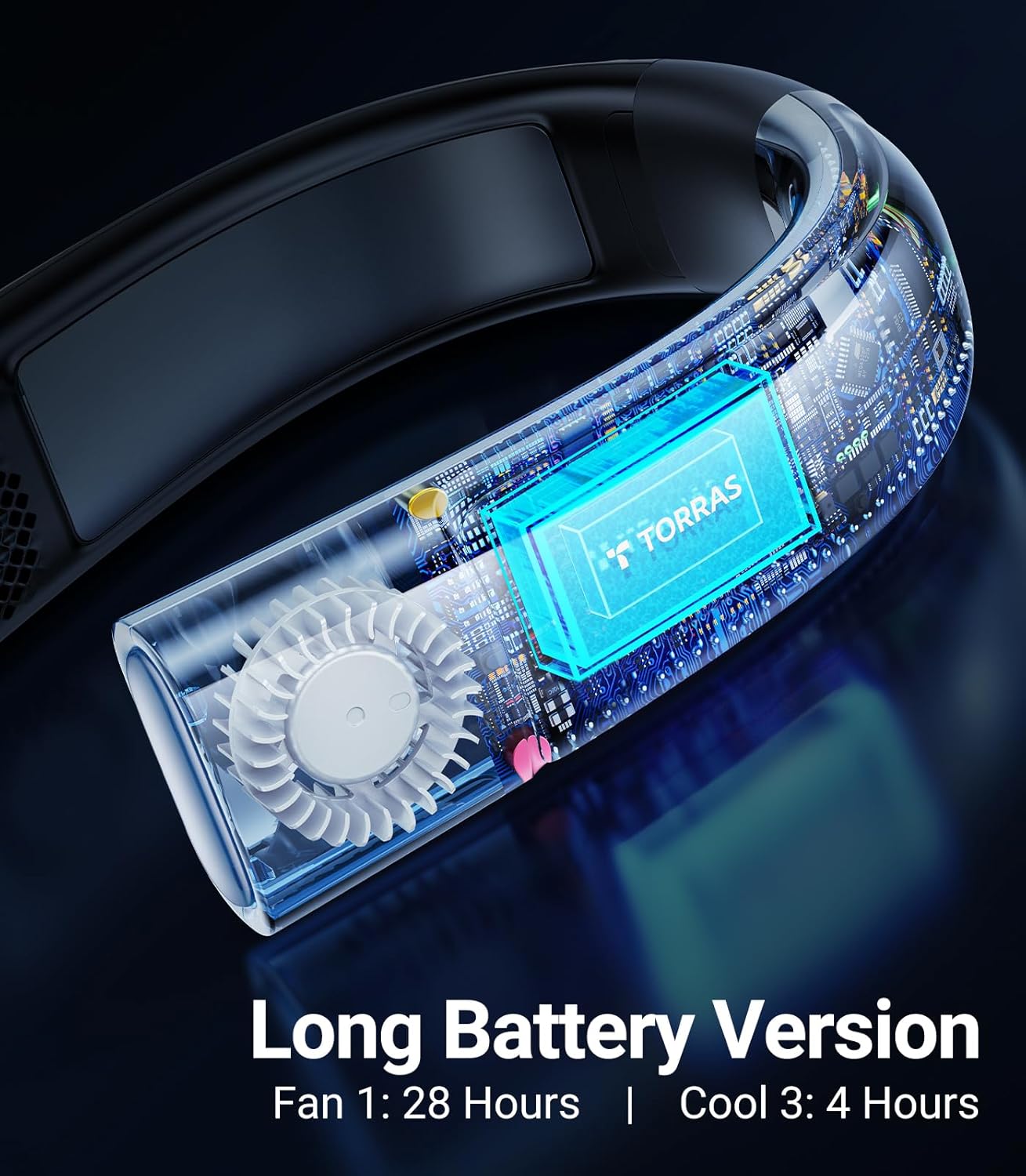 TORRAS COOLiFY 2S Neck Fans that Blow Cold Air [Limited Version], Neck Air Conditioner with Long Battery, Orange-blue-Change Neck Fan, Smart App Control Neck Fan Rechargeable, Black