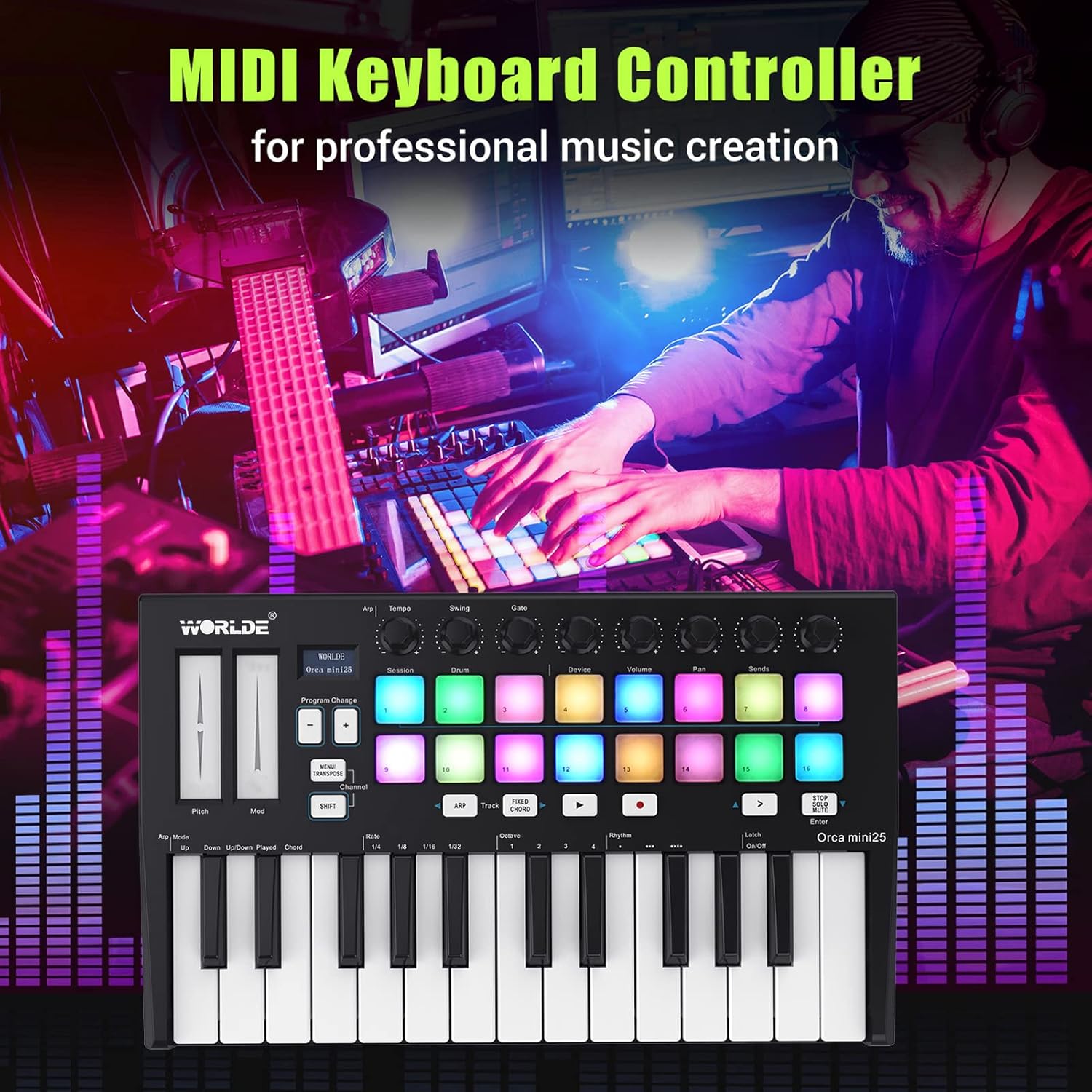 LANRU Orca mini25 Portable 25-Key USB MIDI Keyboard Controller with 16 RGB Backlit Trigger Pads 8 Assignable Control Knobs