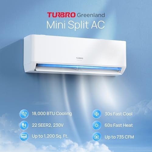 TURBRO 18,000 BTU Ductless Mini Split Inverter AC with Heat Pump, 22 SEER2, 230V, WiFi-Enabled, Cools up to 1,000 Sq.Ft, Energy Star, Greenland Series
