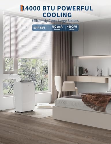 14000 BTU Portable Air Conditioner - 3 in-1 AC Unit with Dehumidifier & Fan, Cools Up to 750 Sq Ft, Quiet 52dB, Easy Install Kit for Home/Garage/Apartment