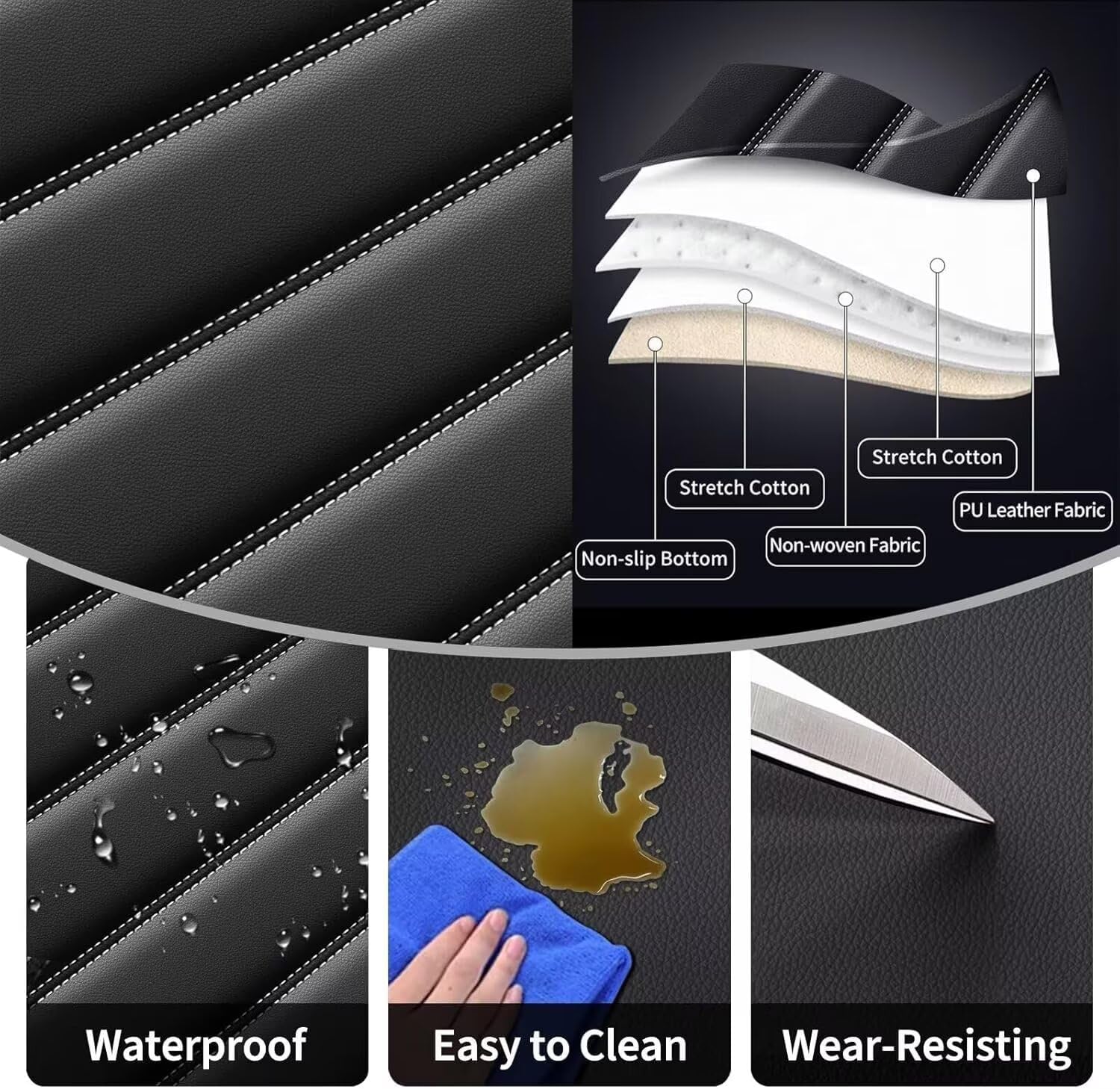 Car Seat Cover Fit for Jeep Cherokee 2014-2024 Faux Leather Full Set 5 Seats Waterproof Seat Cushion Automotive Interior Accessories(White Line)