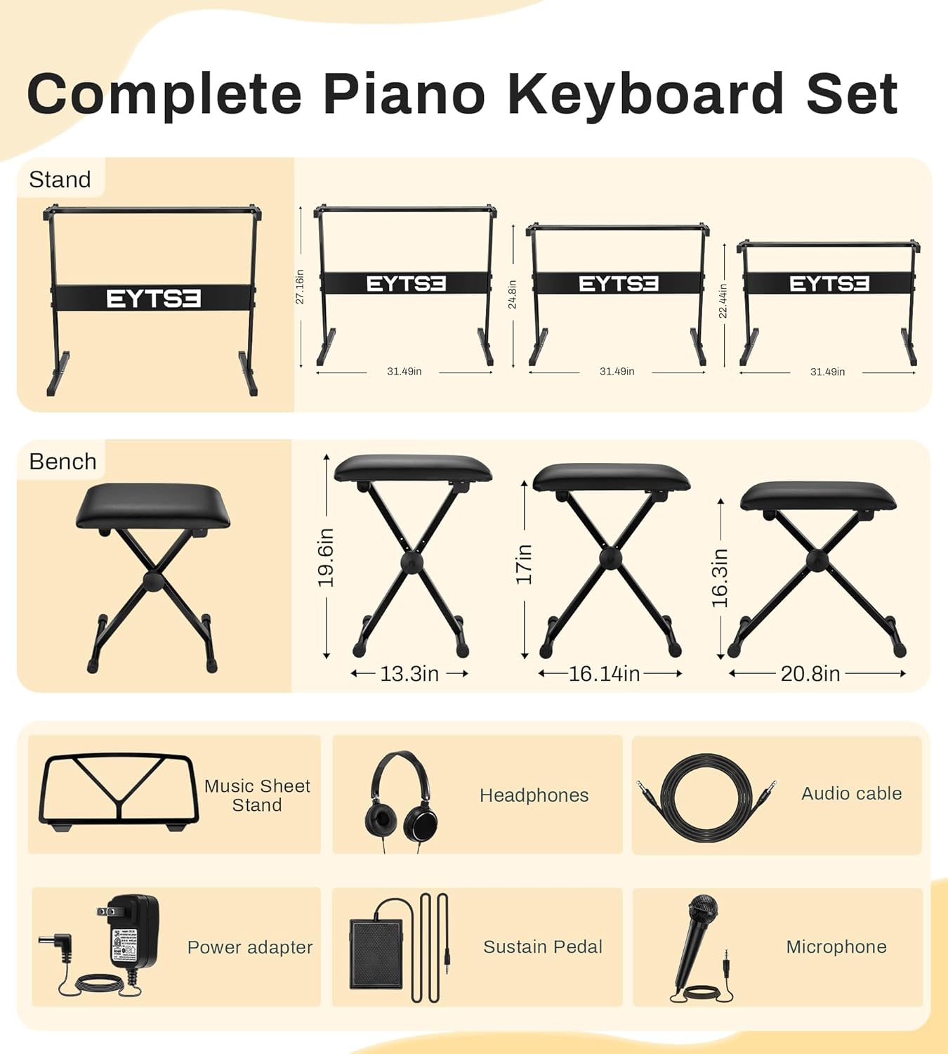 61 Key Electronic Piano Keyboard for Beginners Full Set with LCD Display, 300 Tones, 300 Rhythms, 50 Demos, 3 Teaching Modes, Stand, Bench, Headphones, Microphone