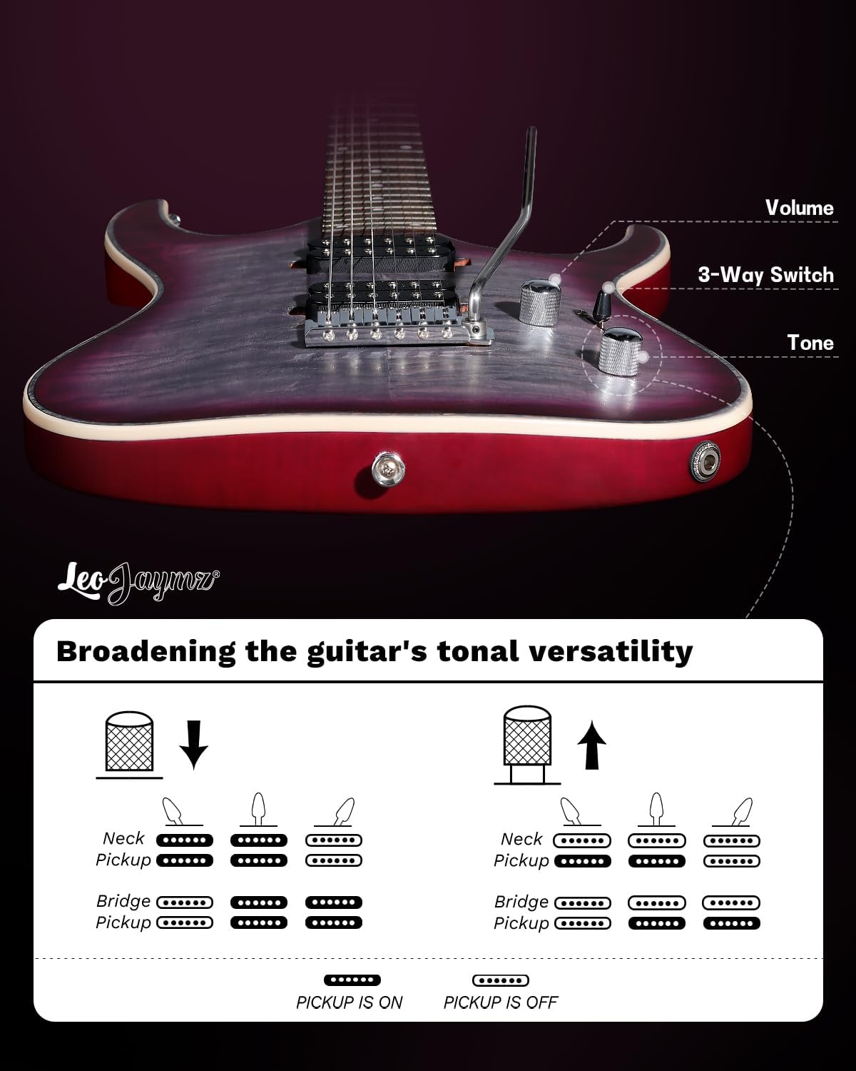 Leo Jaymz Hurricane Series Electric Guitar,Double Cut Arched Top Mahogany Body,Reverse Headstock,Roasted Maple Neck,Rosewood Fretboard,Alnico V Pickups,Locking Tuners,Tremolo Bridge (Purple Black)