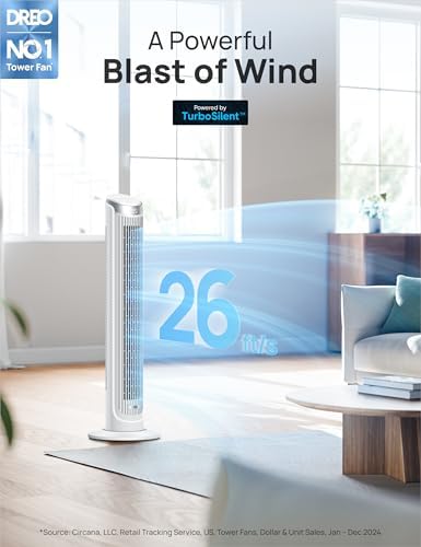 Dreo Smart Tower Fan for Bedroom, Standing Fans for Indoors, 90° Oscillating, 26ft/s Velocity Quiet Floor Fan with Remote, 12H Timer, Voice Control Fans for Indoors, Compatible with Alexa