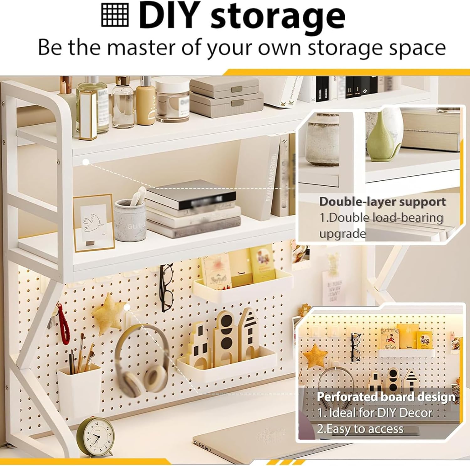 Desktop Hutch Bookshelf, Computer Desk Bookcase, Wooden Storage Rack for Desktop, Countertop Storage Organizer Rack, Desk Hutch Top Only for Dorm, Home, Office (Black, 50 * 25 * 96cm)