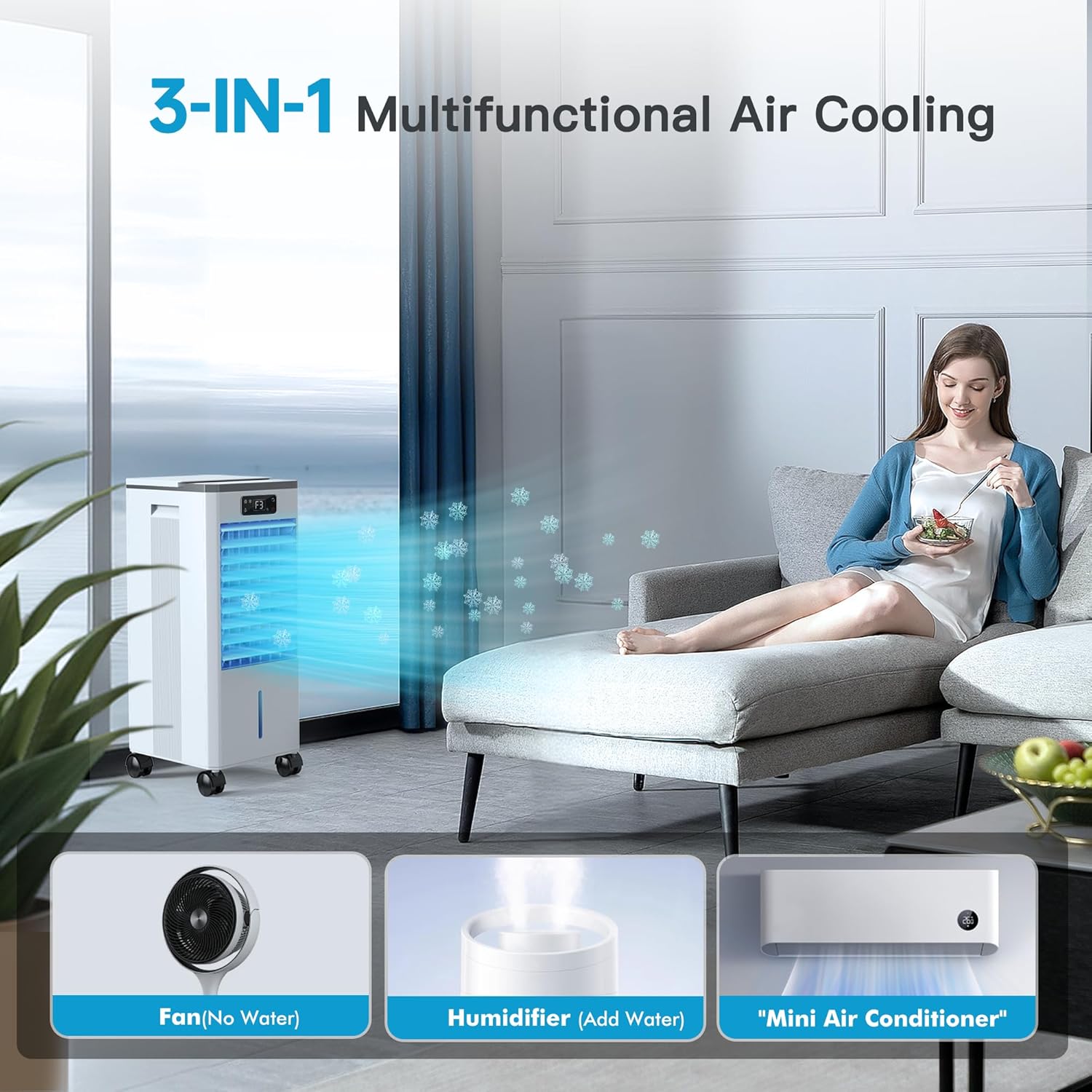 Windowless Portable Air Conditioners Fan, Evaporative Air Cooler w/3 Modes & 3 Speeds, 12H Timer for Smart Auto-off, 2-Gal Tank for 20H Cooling,16FT Remote,No Hose Needed,46db Swamp Cooler