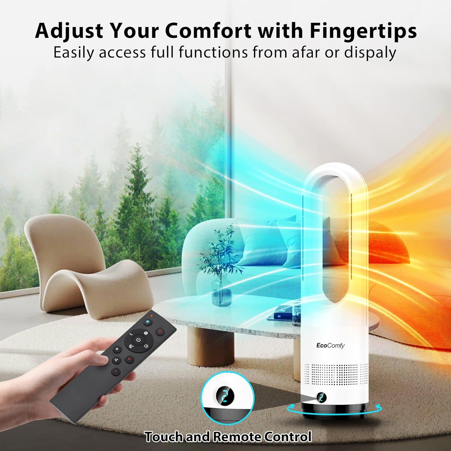 Bladeless Tower Fan for Bedroom, 22Inch 1400W Space Heater & 40W Cooler Fan Combo with Remote, Overheat & Tip-Over Protection, 80° Oscillating, 9H Timer, LED Display for Bedroom, Kitchen, Office