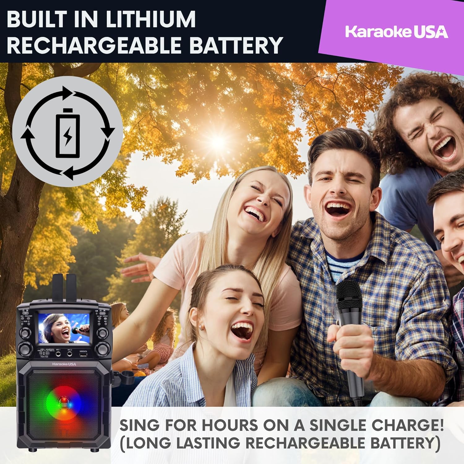 Portable Karaoke Machine with Lyrics Display | Color Screen | CD+G, MP3+G & USB MP3 | Wireless Bluetooth Speaker with Built-in Rechargeable Battery and LED Flashing Lights | Includes Wired Microphone