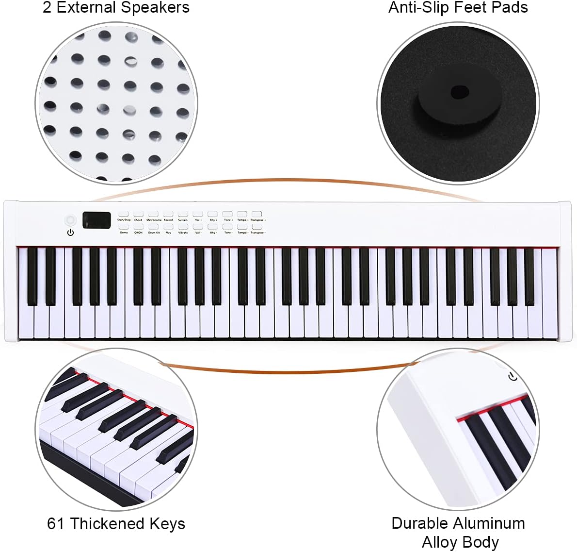 Keyboard Piano, 61-Key Digital Piano with Semi-weighted Keys for Beginners, Portable Electric Piano Supports MIDI/USB and Wireless Connection, with Built-in Stereo Speakers (White)