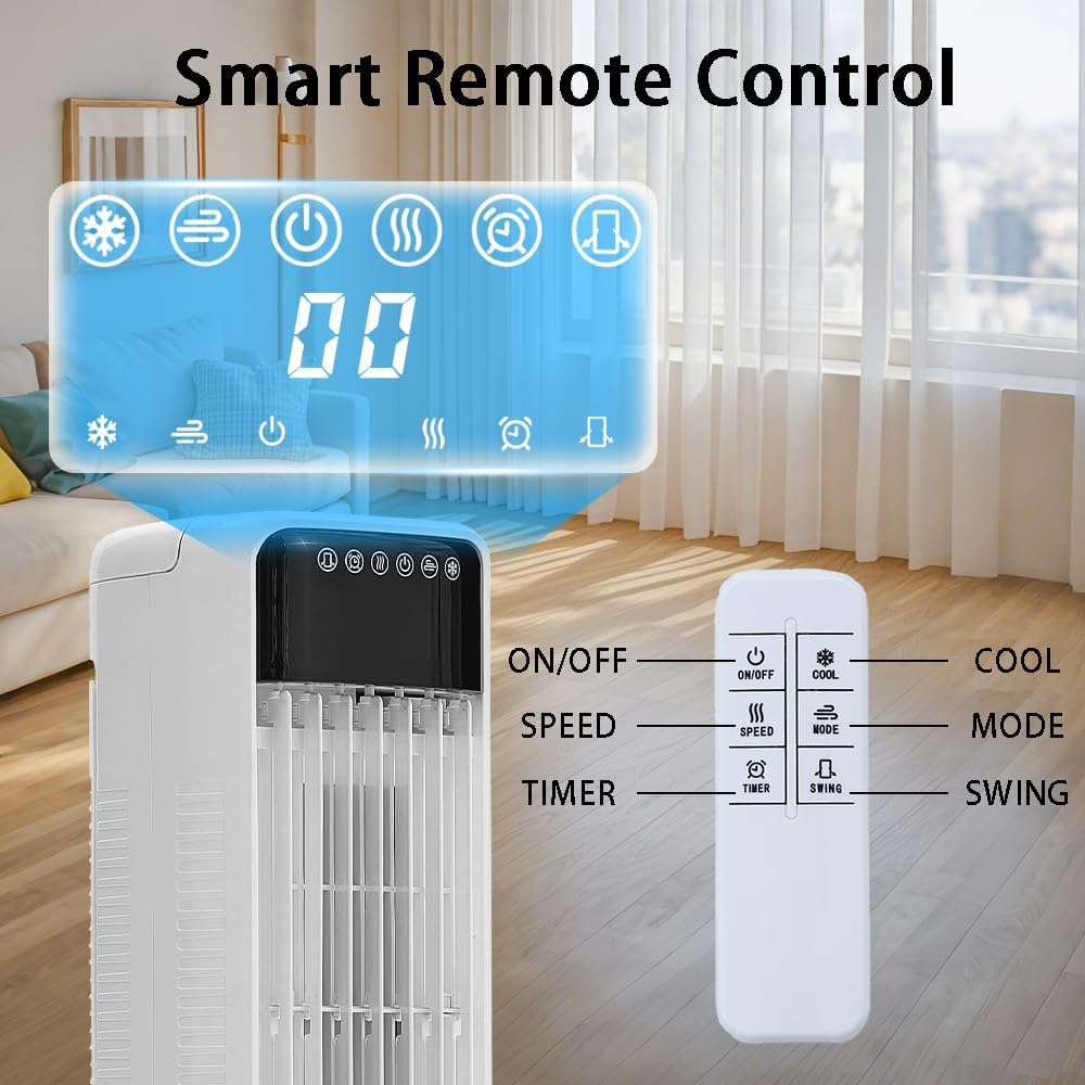 Portable Air Conditioner for Home Office Outdoor, Evaporative Swamp Cooler with 3Gal Water Tank, 120° Oscillation Cooling Fan with Remote 2 Modes 3 Speeds, 12H Timer & 4 Ice Packs