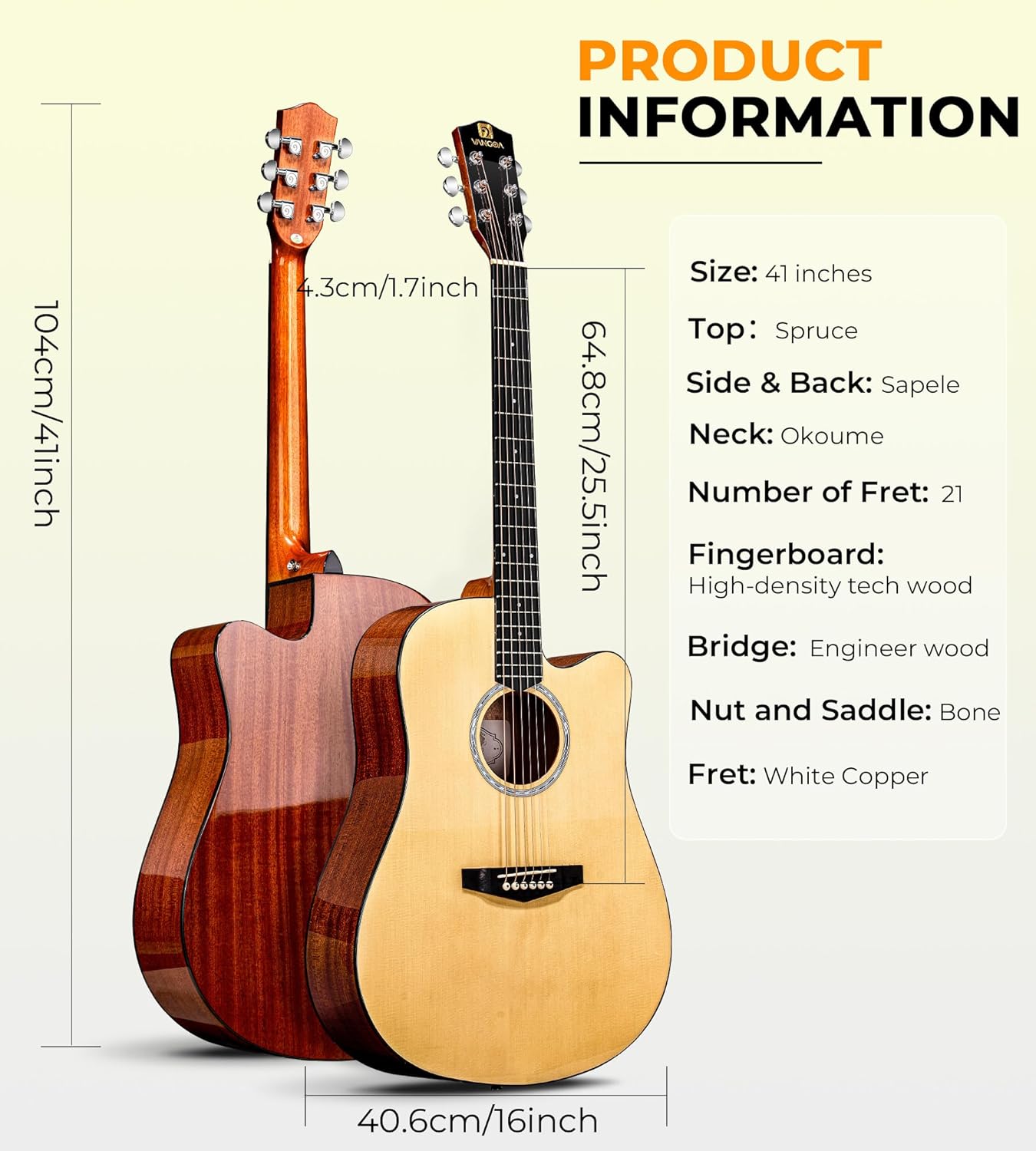 Vangoa Acoustic Guitar Kit for Beginner Adult Teen Full Size Cutaway Acustica Guitarra Starter 41 Inch Guitar Natural Bundle Set with Bag Strap Tuner Capo Pickguard Pick, Right Hand