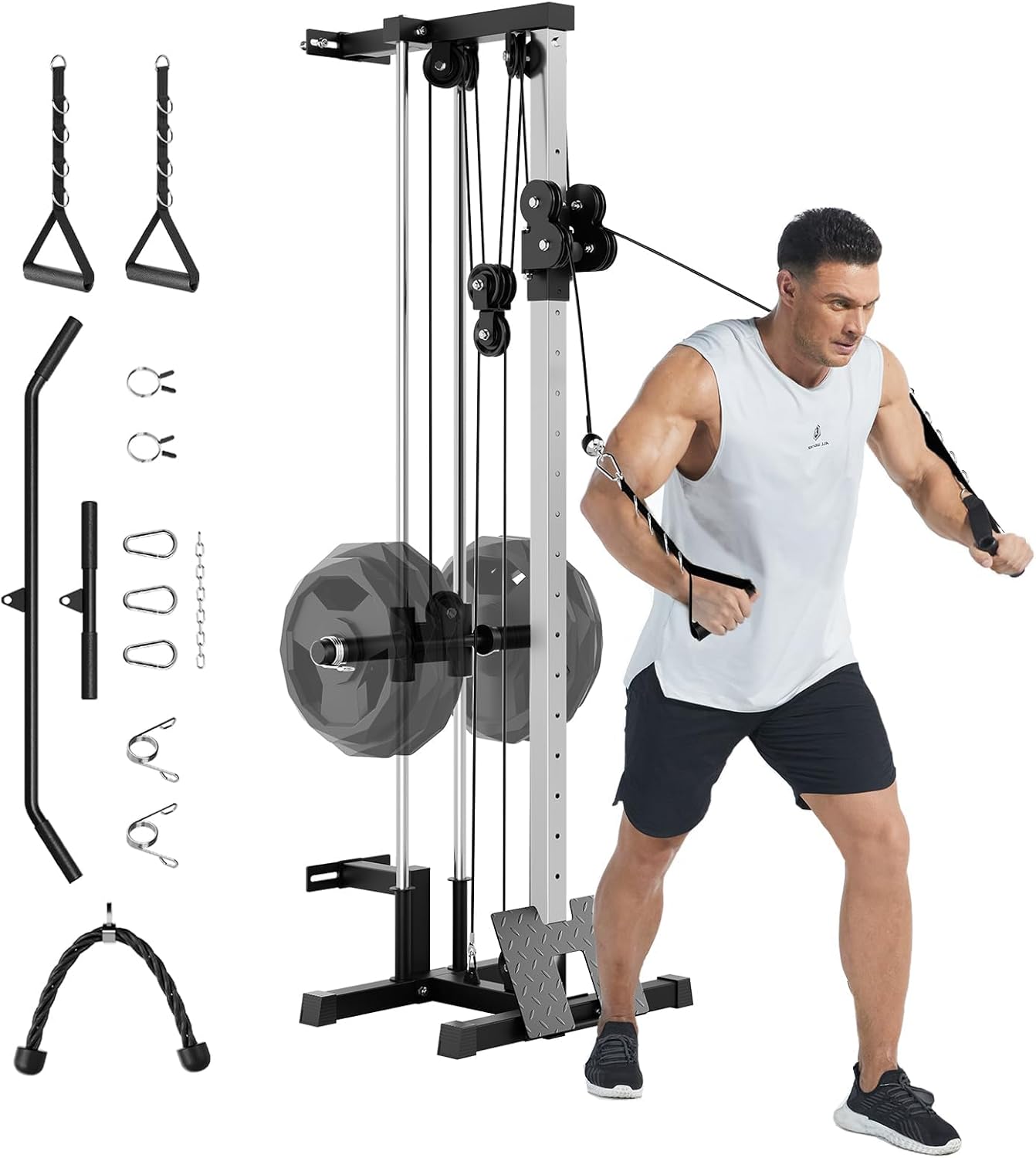 Garvee Wall Mount Cable Station, LAT Pulldown Machines with 19 Positions Dual Pulley System, Cable Crossover Machine with Adjustable Footplate, T-Bar and More Attachments, Workout Equipment Home Gym