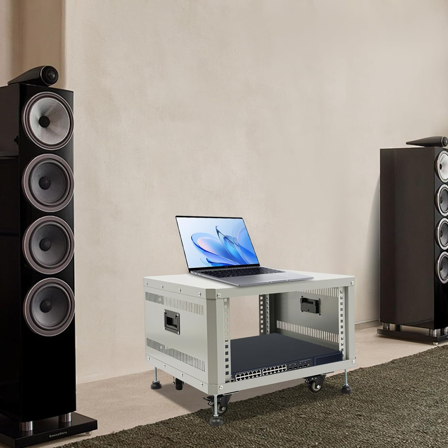 Network Audio Rack with Wheels, Steel Server Rack Cabinet for AV Equipment, Amplifiers, Network Gear, Rolling Universal Rack with Cable Management & Ventilation (Gray, 6U)