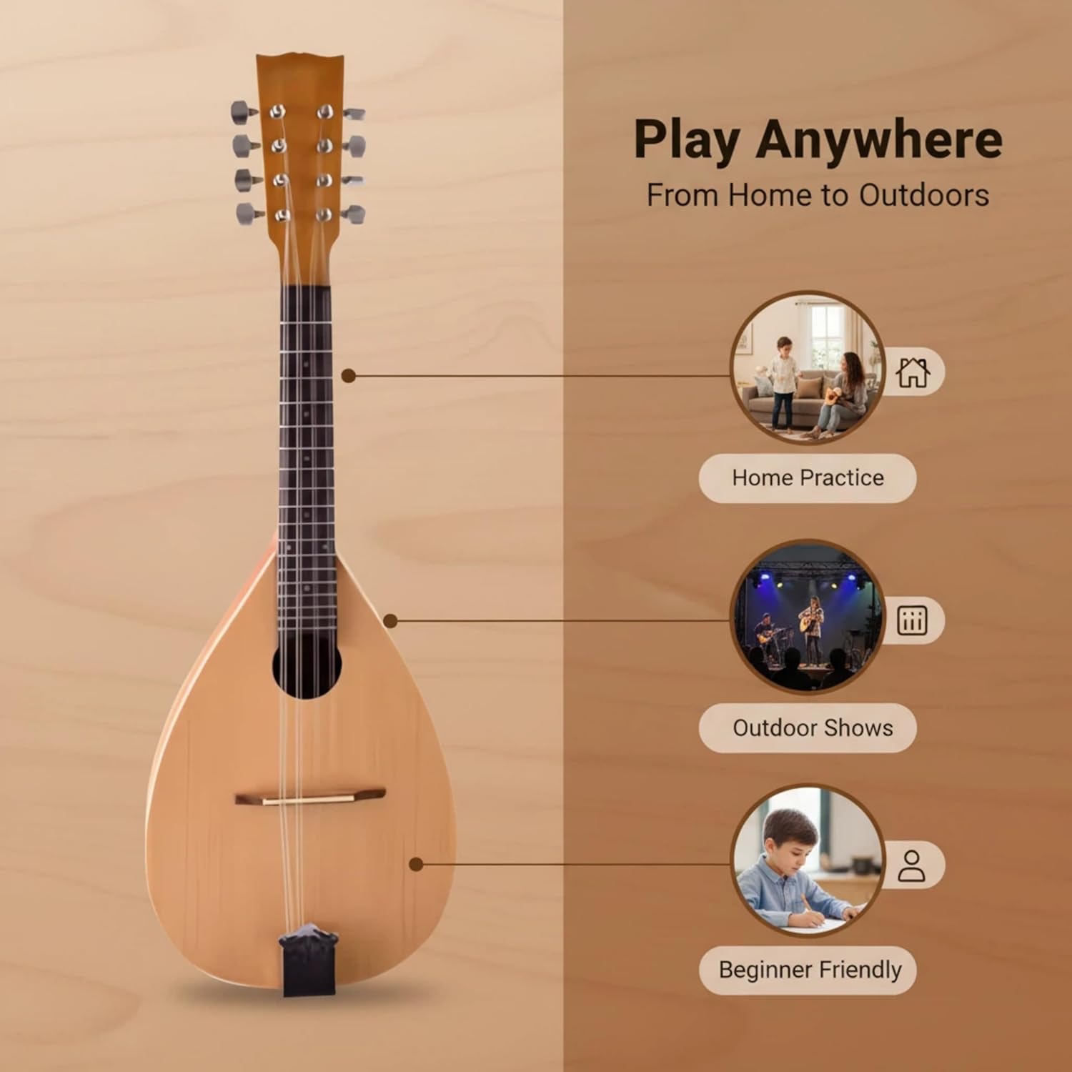 Mandolin Guitar For, F-Style Solid Wood Acoustic Mandolin Instrument With Bag, Tuner & Strap For Beginners & Professionals