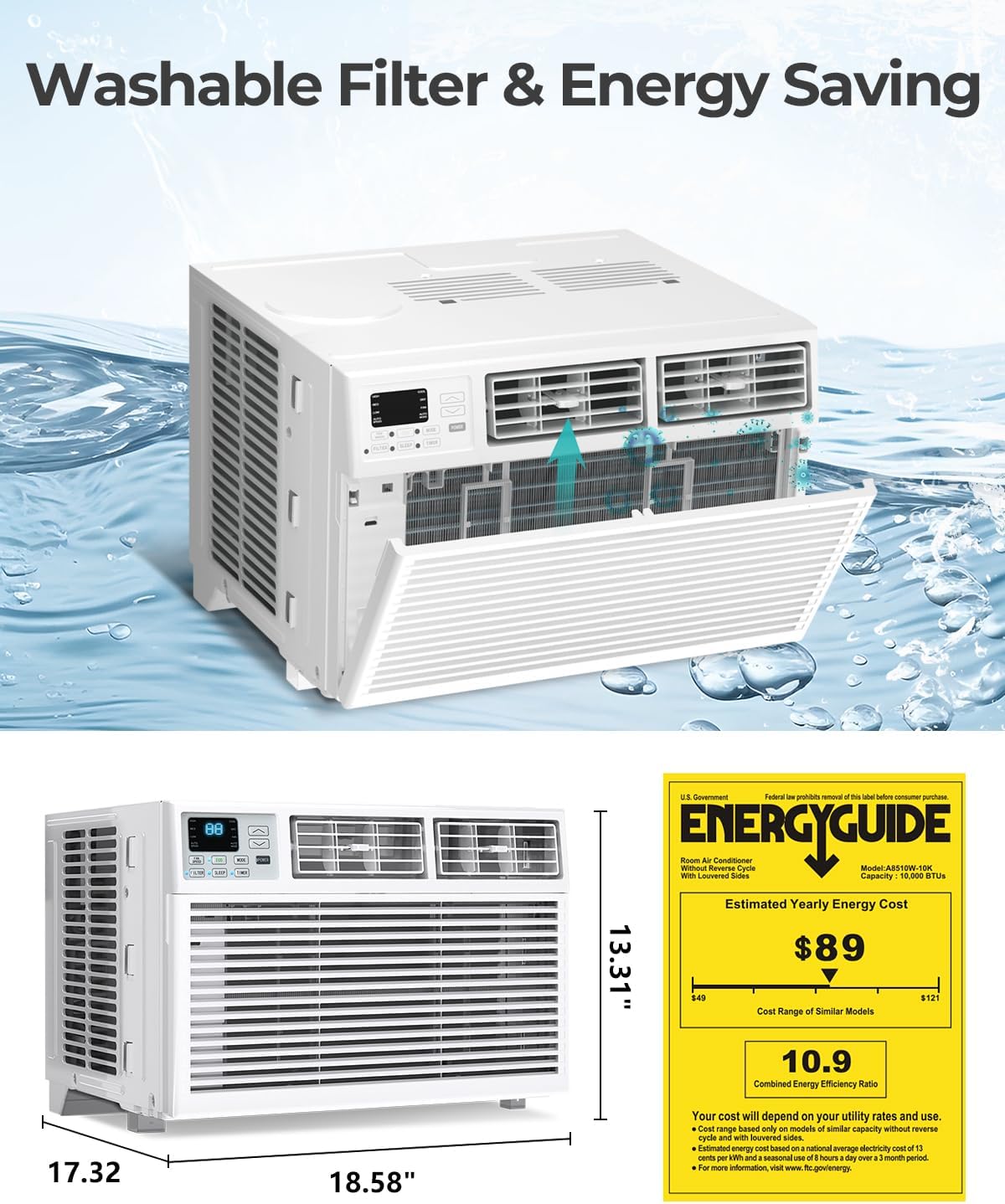 Window AC Unit, 10000 BTU Window Air Conditioner, Cool Rooms up to 450 Sq.Ft., 6-in-1 Modes,24H Timer, Energy Saving, Remote Control, Perfect for Bedroom, Apartment, Living Room, Office