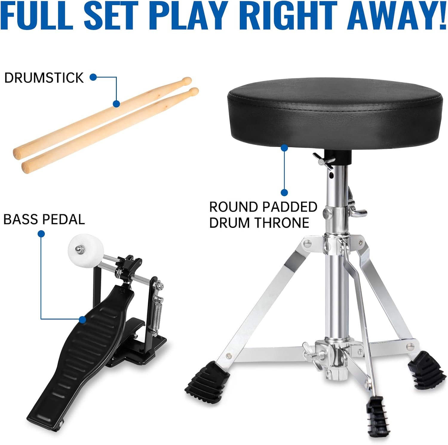 MOSEN Drum Set 3-Piece Beginner Drum Set Junior Drum Kit with Adjustable Throne, Cymbal, Pedal & Drumsticks Drums with Bass Tom Snare Drum - Blue