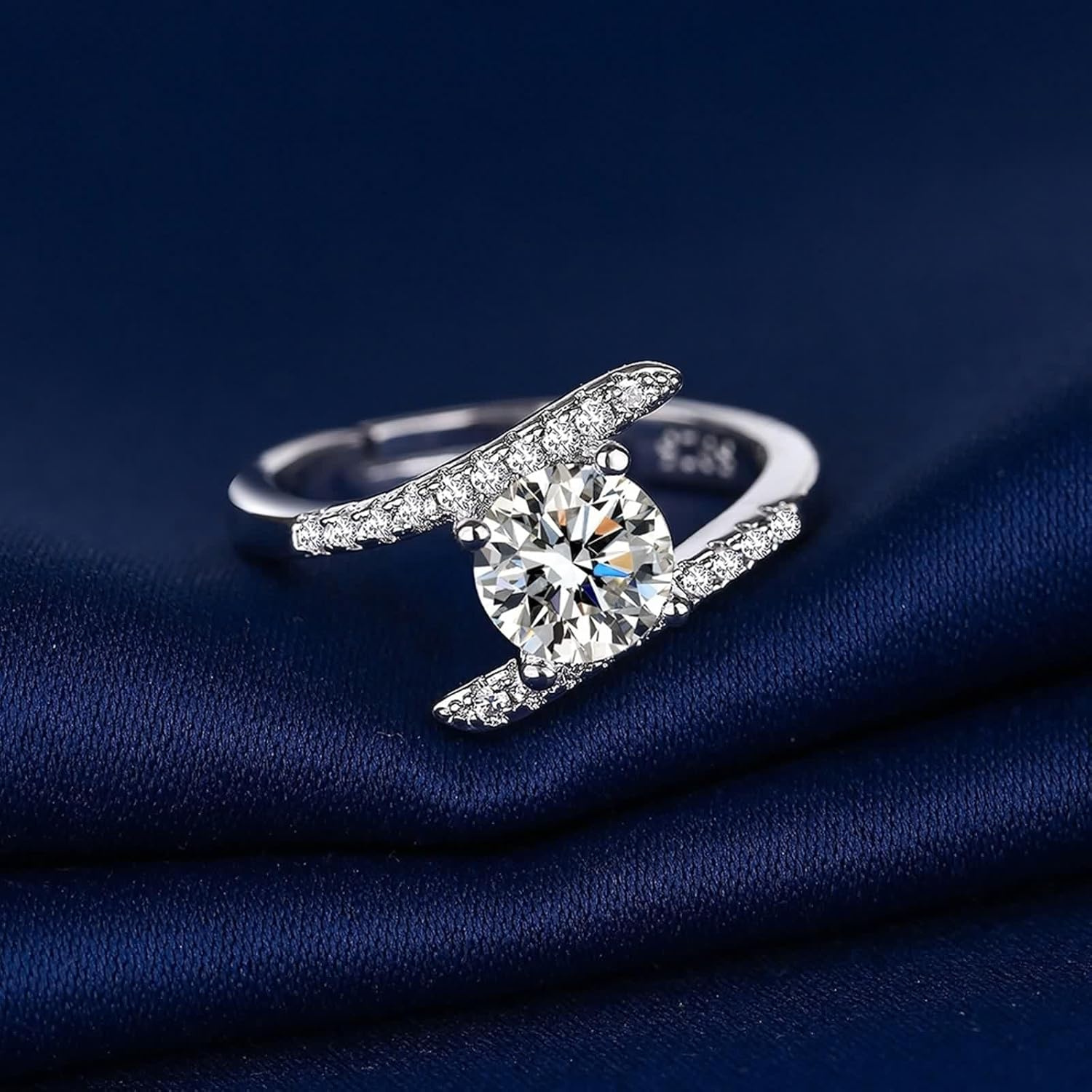 18 Karat White Gold Rings, Women Ring Lab Diamond 4 Prongs Silver Band Birthday Gift for Her