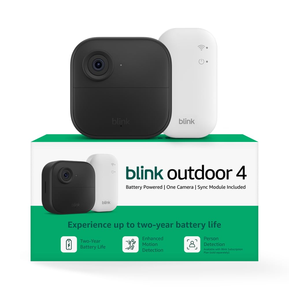 Blink Outdoor 4 – Wireless smart security camera, two-year battery life, 1080p HD day and infrared night live view, two-way talk. Sync Module Core included – 1 camera system