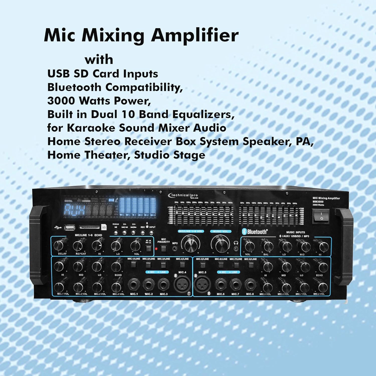 Technical Pro 3000 Watts Professional Mic Mixing Amplifier w/USB SD Card Inputs, Bluetooth Compatibility, Built-in Dual 10 Band Equalizers, for Karaoke Audio Home Stereo Receiver Box System