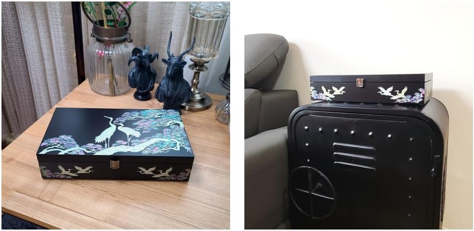 Antique Alive Mother of Pearl Wood Sunglasses Box Eyeglasses Valet Display Storage Case for Glasses, Watches, Jewelry, Trinkets Wooden Accessory Organizer Gift (Crane & Pine Black)