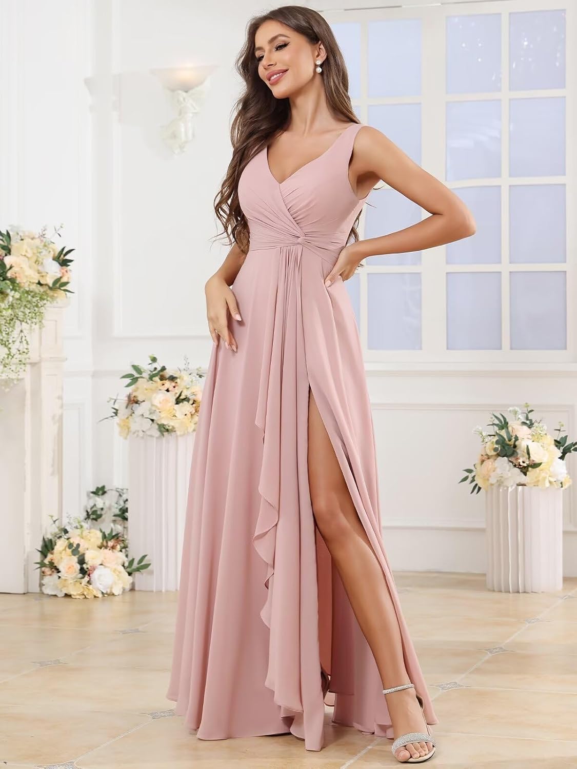 BOLENSYE Bridesmaid Dresses Long Ruched Ruffles Chiffon A Line Evening Party Gown with Pockets Slit
