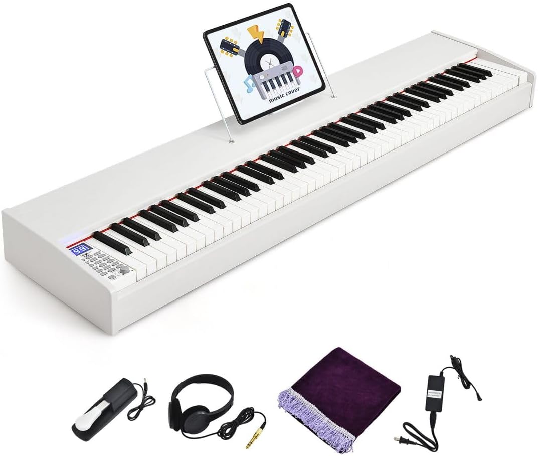 88-Key Digital Piano Keyboard, Full Size Weighted Keyboards with Music Stand, MIDI, Headphone and Piano Cover (White)