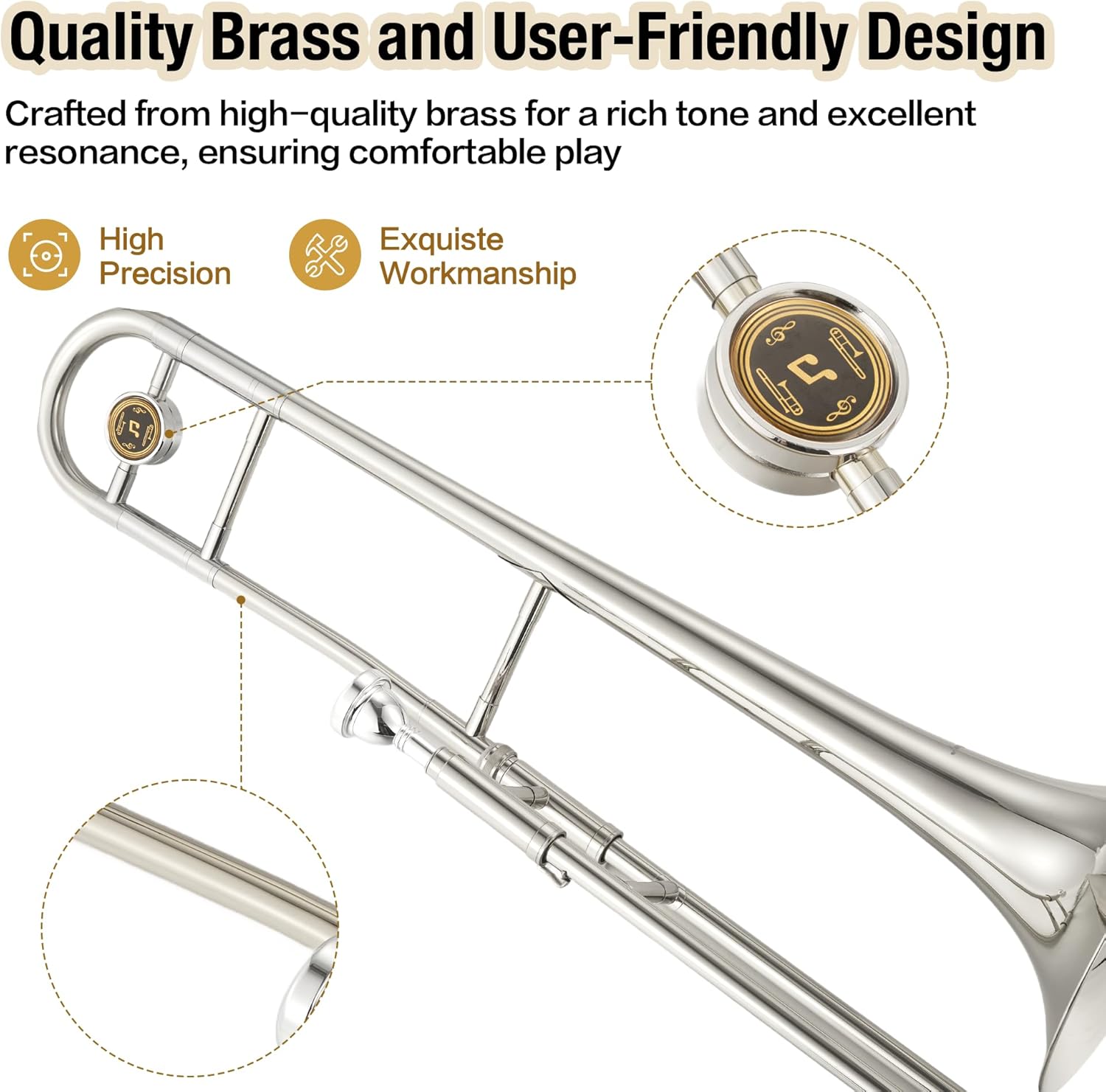 Professional Bb Alto Trombone for Beginners & Students, Accurate tone and Penetraing Sound, Nickel-Plated Brass Instrument with Hard Case, Mouthpiece, Cloth, Gloves