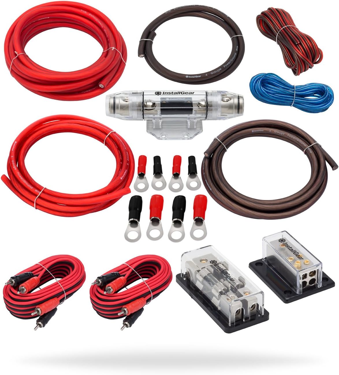 InstallGear Dual 4 Gauge Amp Wiring Kit with Amplifier Installation Wiring True Spec and Soft Touch Wire and 1/0 Gauge Black/Blue Wire (50ft) Copper Clad Aluminum CCA - Primary Automotive Wire